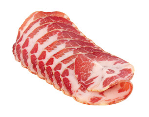 Capocollo or coppa traditional Italian dry cured pork meat slices isolated on a white background