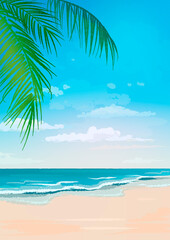 Tropical beach card with sand, sea and palm trees