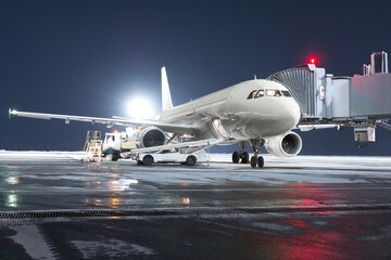 The passenger aircraft stands at the boarding bridge on night airport apron. The baggage compartment of the aircraft is open and the luggage is being loaded