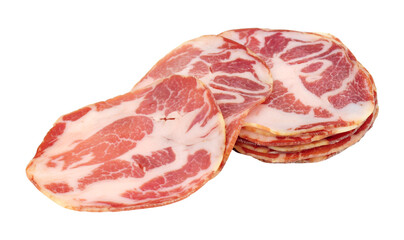 Capocollo or coppa traditional Italian dry cured pork meat slices isolated on a white background