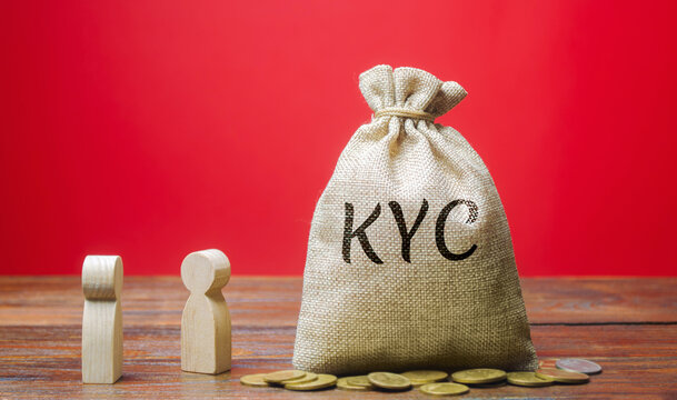 Money bag with the word KYC and two people. Know Your Customer Client concept. Verify the identity, suitability and risks involved with maintaining a business relationship. Anti-bribery compliance.