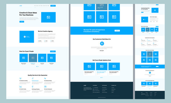 One page landing website design template for business. Landing page UX UI wireframe. Flat modern responsive design. website: home, about, expert people, services, project, subscribe, testimonials.
