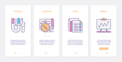 Education, scientific physics knowledge vector illustration. UX, UI onboarding mobile app page screen set with line physics science and school subject, study research tests result report symbols