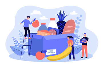 Tiny volunteers gathering grocery box for help isolated flat vector illustration. Canned food donation for delivery to poor community. Charity and social support concept