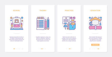 Education science technology for studying school subjects vector illustration. UX, UI onboarding mobile app page screen set with line theory knowledge, practice experiment in scientific laboratory