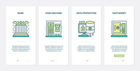 Finance banking protection vector illustration. UX, UI onboarding mobile app page screen set with line safe financial technology to protect money and information data, atm bank cash machine symbols