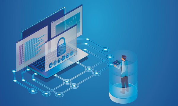 Computer Programmer Testing Security System Server Room Digital Device, Cloud Storage Communication With The Network Online Devices In A Database On Cloud Services, Technology Vector Isometric Concept