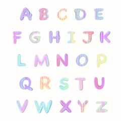 Colorful illustrations of English letters on a white background