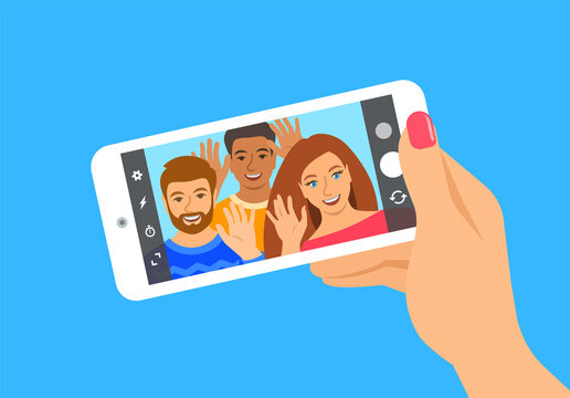 Modern selfie concept. Flat vector illustration. Young people posing for selfie and holding smart phone in their hands. Happy friends take a photo of themselves by mobile phone camera for social media