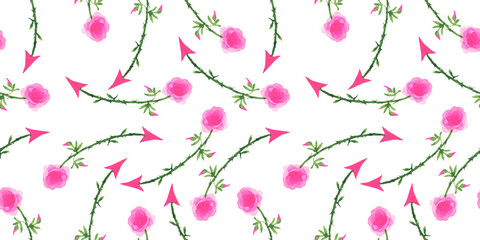 Seamless pattern with arrows drawn in watercolor on a white background.