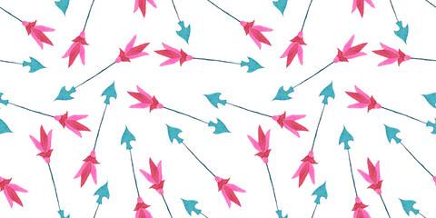 Seamless pattern with arrows drawn in watercolor on a white background.