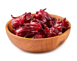 fresh red roselle fruits or hibiscus sabdariffa in wooden bowl isolated on white background with...
