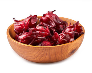 fresh red roselle fruits or hibiscus sabdariffa in wooden bowl isolated on white background with clipping path                            © boommaval