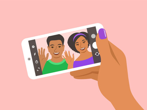 Modern selfie concept. Flat vector illustration. Young couple posing for selfie and holding smart phone in a hand. Black woman and man take photo of themselves by mobile phone camera for social media