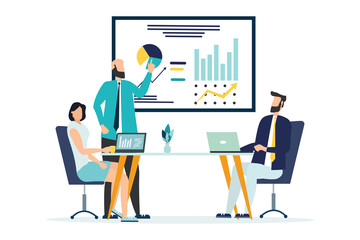 Obraz premium Strategy. Team discusses about business strategy. Vector illustration