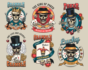 Gangster casino skulls set. Vintage emblems, stickers, prints with playing cards, crown, top hat, smoking cigar. Vector illustration collection for poker club labels, gambling concept