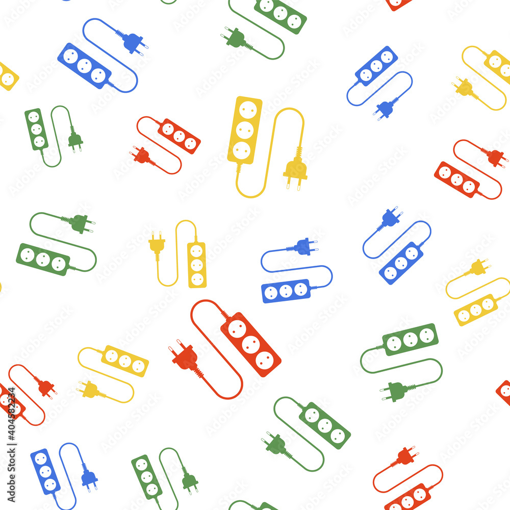 Poster color electric extension cord icon isolated seamless pattern on white background. power plug socket.