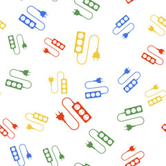 Color Electric extension cord icon isolated seamless pattern on white background. Power plug socket. Vector.
