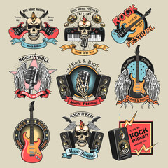 Colorful rock music emblems set. Bright badges with skulls, guitars, microphone, subwoofer speakers and text. Vector illustration collection for festival poster, rock and roll band label templates