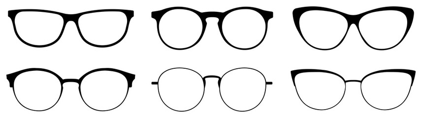 Set of glasses silhouette. Sunglasses, glasses, isolated on white background. Vector illustration