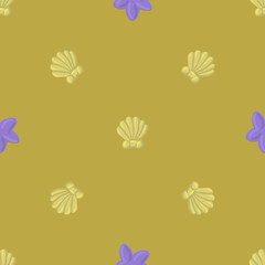 Seamless pattern seashell and starfish on yellow background