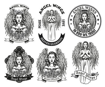 Vintage badges with pretty angel vector illustration set. Monochrome female character with wings praying. Trust and religion concept can be used for retro template