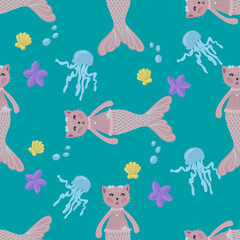 Seamless pattern sea mermaid cat cute marine inhabitants on a blue background_1