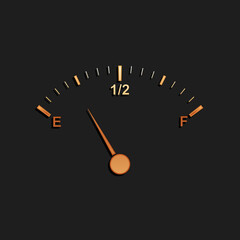 Gold Motor gas gauge icon isolated on black background. Empty fuel meter. Full tank indication. Long shadow style. Vector.