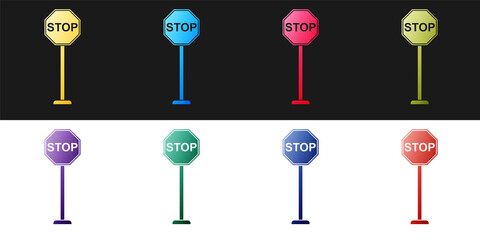 Set Stop icon isolated on black and white background. Traffic regulatory warning stop symbol. Vector.
