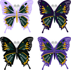 Fototapeta na wymiar Set of fluttering multicolored butterflies on a white background. Vector flat illustration. Four Bright butterflies of lilac, black, lilac and purple colors with emerald and ocher cores.