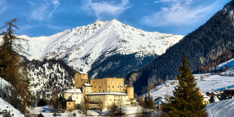 Fototapeta premium Beautiful view of the ancient Naudersberg Castle in the Austrian Tyrol, near the border with Italy, Nauders, Austria