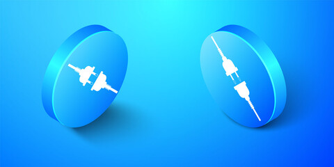 Isometric Electric wire plug and socket icon isolated on blue background. Blue circle button. Vector.