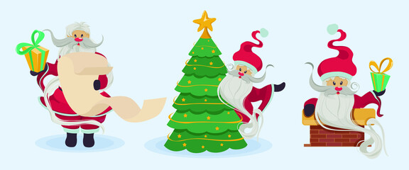 Set of Santa Claus with wish list, gift, christmas tree. Santa in different poses isolated set. Santa wishes everyone a Merry Christmas and Happy New Year Vector illustration 
