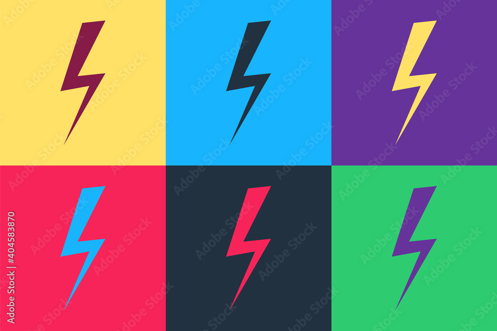 Poster pop art lightning bolt icon isolated on color background. flash icon. charge flash icon. thunder bol