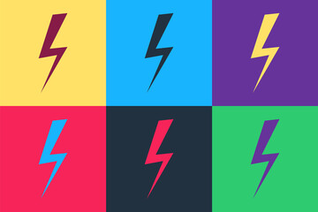 Pop art Lightning bolt icon isolated on color background. Flash icon. Charge flash icon. Thunder bolt. Lighting strike. Vector.