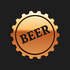 Gold Bottle cap with beer word icon isolated on black background. Long shadow style. Vector.