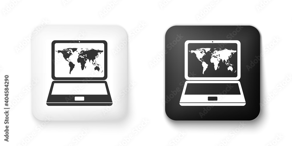 Fototapete Black and white Laptop with world map on screen icon isolated on white background. World map geography symbol. Square button. Vector.