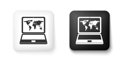Black and white Laptop with world map on screen icon isolated on white background. World map geography symbol. Square button. Vector.