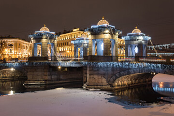 Lomonosov Bridge in St. Petersburg decorated for Christmas and new year