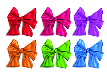 Big colored collection of satin bows purple, red, orange, green, blue color isolated on a white background. Bright bows for decoration. Vector illustration