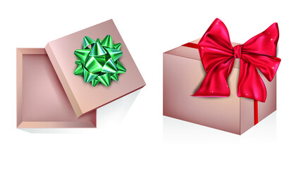 Collection of gift boxes with decoration isolated on white background. Bright boxes for a gift. Vector illustration