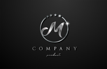 M silver metal alphabet letter logo for company and corporate in grey color. Metallic star design with circle. Can be used for a luxury brand
