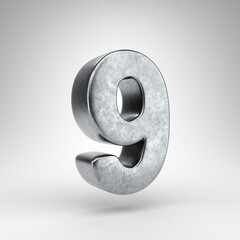 Number 9 on white background. Gun metal 3D rendered number with rough metal texture.