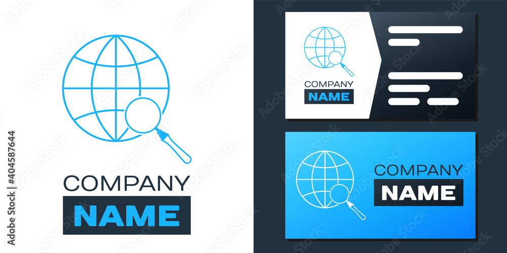 Poster logotype magnifying glass with globe icon isolated on white background. analyzing the world. global 