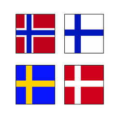 Scandinavia Flag Button set - Norway, Finland, Sweden, Denmark square European push button concepts.	