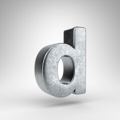 Letter D lowercase on white background. Gun metal 3D rendered font with rough metal texture.