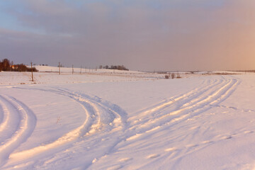 Fototapeta na wymiar Winter rural landscape during dawn