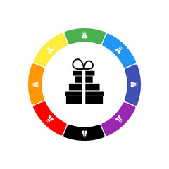 Naklejka premium A large black set of gifts in the center, surrounded by eight white symbols on a colored background. Background of seven rainbow colors and black. Vector illustration on white background