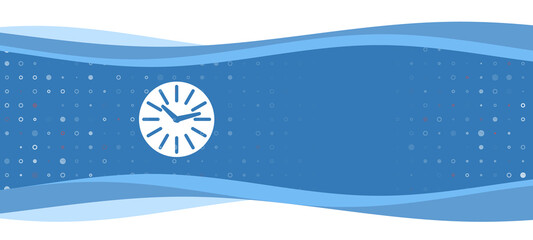 Blue wavy banner with a white clock symbol on the left. On the background there are small white shapes, some are highlighted in red. There is an empty space for text on the right side