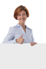 Redhead woman holding white sign